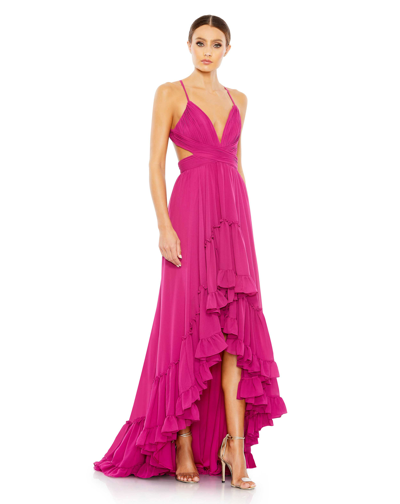 Ieena For Mac Duggal Pleated Tiered Cut Out Sleeveless Gown In Fuchsia
