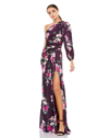 Mac Duggal Plum Floral Print One Sleeve Gown In Plum Floral