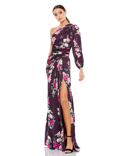 Ieena For Mac Duggal Plum Floral Print One Sleeve Gown