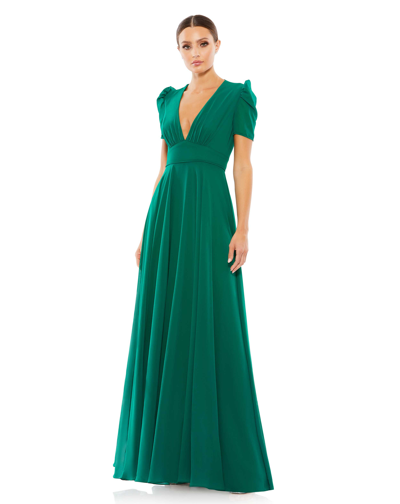 Ieena For Mac Duggal Plunge Neck Puff Sleeve Gown In Empress Green