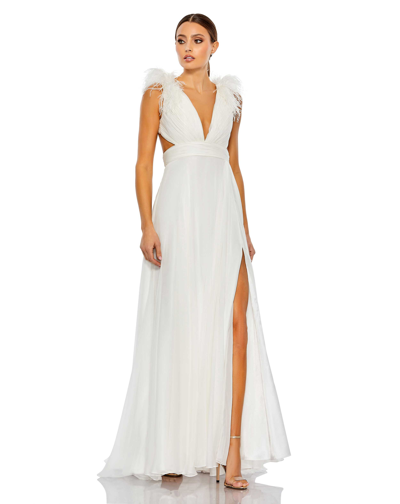 Ieena For Mac Duggal Plunge Ostrich Feather A Line Gown In White
