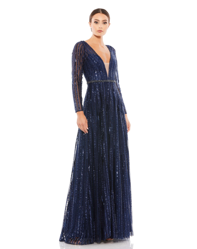 Mac Duggal Plunging Striped Sequin Long Sleeve Gown In Midnight