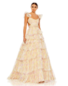 MAC DUGGAL PRINT RUFFLE TIERED CUT OUT BACK TIE BALL GOWN