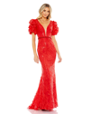 MAC DUGGAL EMBELLISHED PUFF SLEEVE PLUNGE NECK TRUMPET GOWN