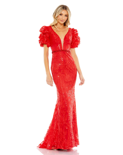 Mac Duggal Puff Sleeve Embroidered Trumpet Evening Gown In Red