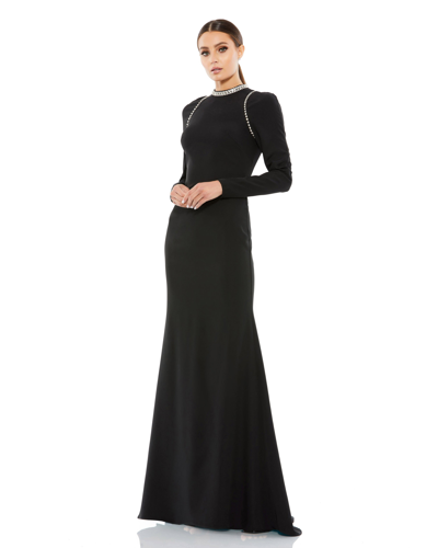 Ieena For Mac Duggal Raglan Long Sleeve High Neck Gown In Black