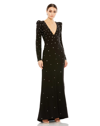 Mac Duggal Rhinestone Encrusted Long Sleeve V Neck Gown In Black Silver