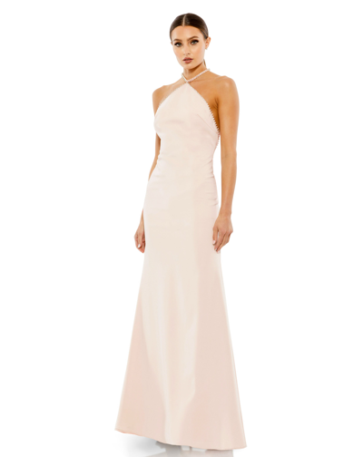 Ieena For Mac Duggal Rhinestone Halter Column Gown In Porcelain