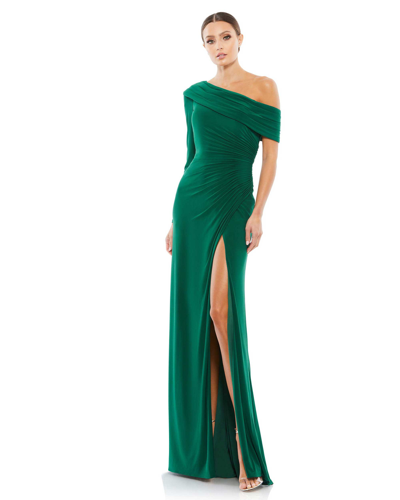 Ieena For Mac Duggal Ruched Jersey Drop Shoulder Faux Wrap Gown In Emerald Green