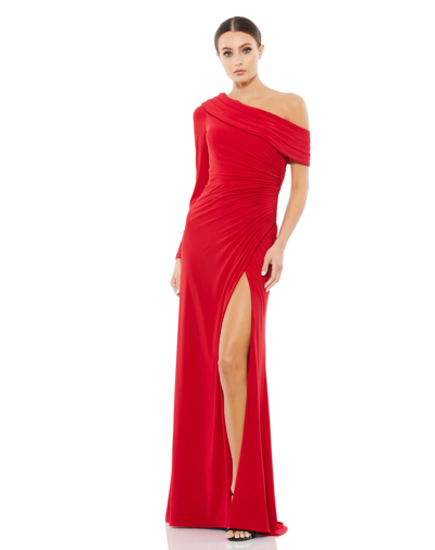 Ieena For Mac Duggal Ruched Jersey Drop Shoulder Foldover Gown In Red