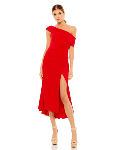 Ieena For Mac Duggal Ruched Off-the-shoulder Midi Dress In Red