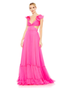 Mac Duggal Ruched Ruffled Shoulder Cut Out Lace Up Gown In Hot Pink