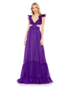 Mac Duggal Ruched Ruffled Shoulder Cut Out Lace Up Gown In Purple