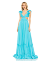 Mac Duggal Ruched Ruffled Shoulder Cut Out Lace Up Gown In Turquoise