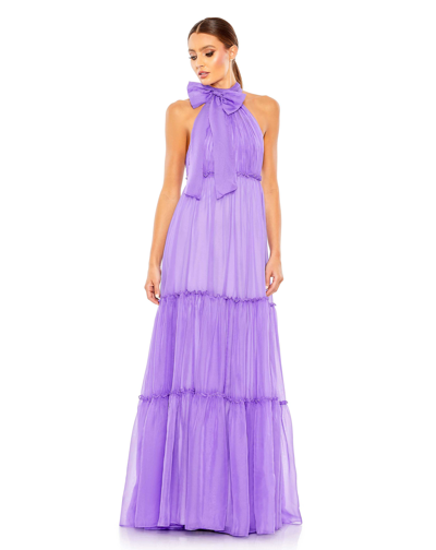 Ieena For Mac Duggal Ruched Tiered High Neck Bow A Line Gown In Orchid