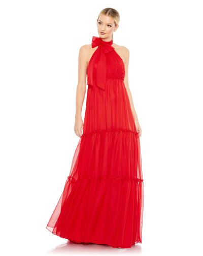 Ieena For Mac Duggal Ruched Tiered High Neck Bow A Line Gown In Red