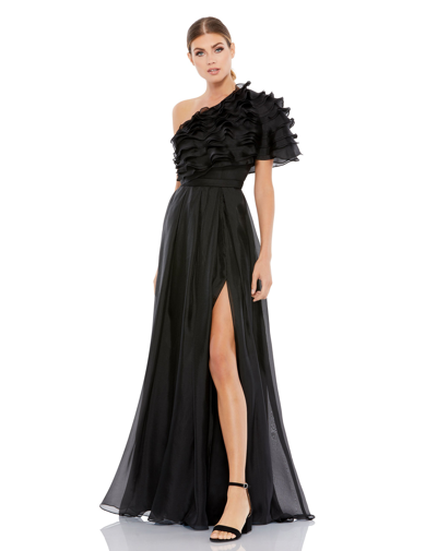 Ieena For Mac Duggal Ruffle Layered One Shoulder Gown In Black