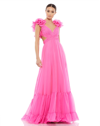 Ieena For Mac Duggal Cutout Ruffle Tulle Lace-up Gown In Hot Pink