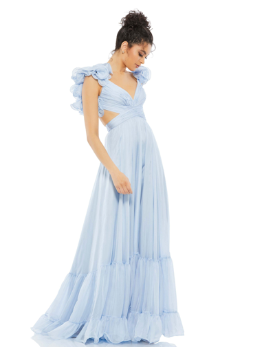 Ieena For Mac Duggal Ruffle Shoulder Lace Up Gown In Powder Blue