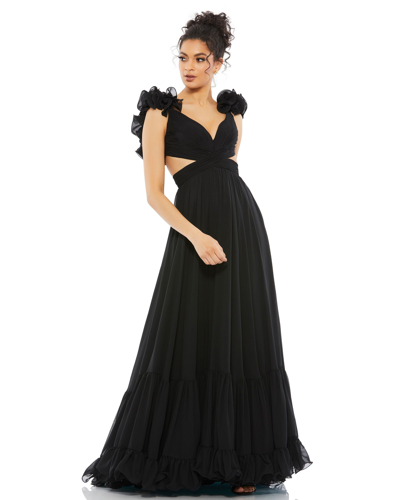 Ieena For Mac Duggal Ruffle Tiered Cut-out Chiffon Gown In Black