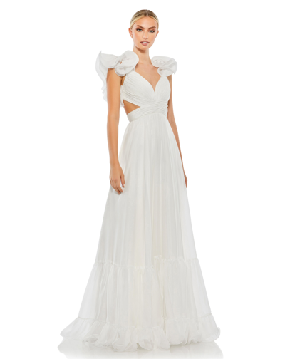 Ieena For Mac Duggal Ruffle Shoulder Lace Up Gown In White