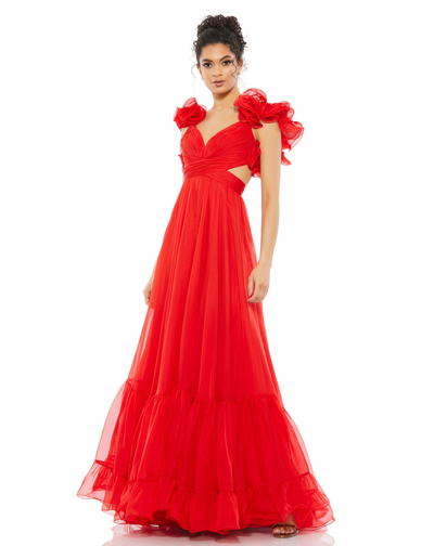 Ieena For Mac Duggal Ruffle Shoulder Lace Up Gown In Red