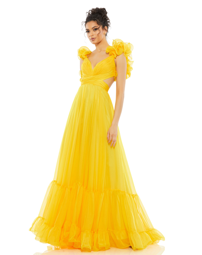 Ieena For Mac Duggal Ruffle Tiered Cut-out Chiffon Gown In Sunshine