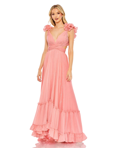 Mac Duggal Pleated Halter Neck Asymmetrical Hem Gown In Rose Pink
