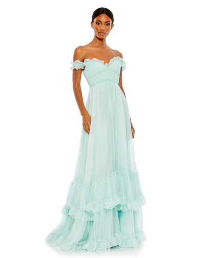 Mac Duggal Ruffle Tiered Babydoll Flowy Gown In Mint