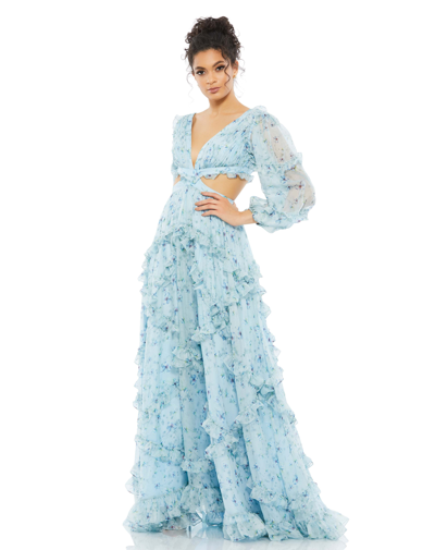 Ieena For Mac Duggal Long Sleeve Ruffle Chiffon Empire Waist Gown In Powder Blue