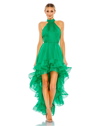 Mac Duggal Ruffle Tiered High Low Pleated Halter Neck Gown In Emerald Green