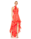 IEENA FOR MAC DUGGAL RUFFLE TIERED HIGH LOW PLEATED HALTER NECK GOWN
