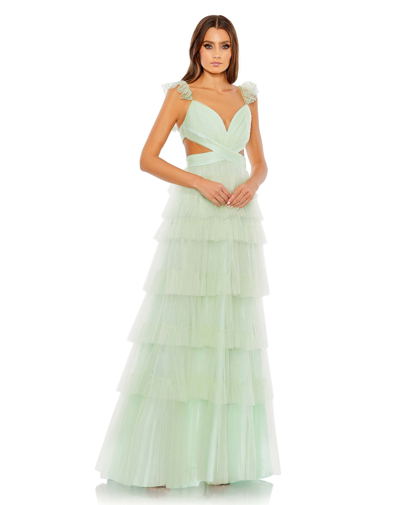 Mac Duggal Ruffle Tiered Tulle Cut Out Gown In Mint