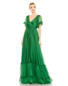 Mac Duggal Ruffled Butterfly Sleeve Evening Gown In Emerald Green