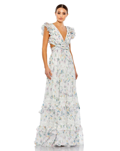 Ieena For Mac Duggal Ruffled Cut Out Flowy Maxi Dress In White Multi