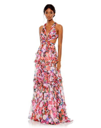 Mac Duggal Ruffled Cut Out Sleeveless Gown In Multi