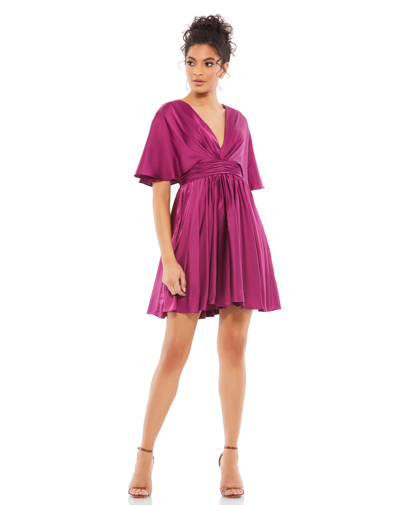 Ieena For Mac Duggal Satin Flowy Cape Sleeve Mini Dress In Pink
