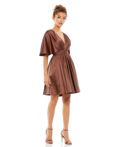 Ieena For Mac Duggal Satin Flowy Cape Sleeve Mini Dress In Brown