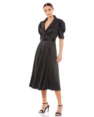 Ieena For Mac Duggal Satin Lapel Puff Sleeve Tea Length Dress In Black