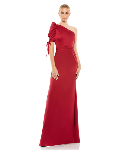 Ieena For Mac Duggal Satin One Shoulder Puff Sleeve Trumpet Gown In Deep Red