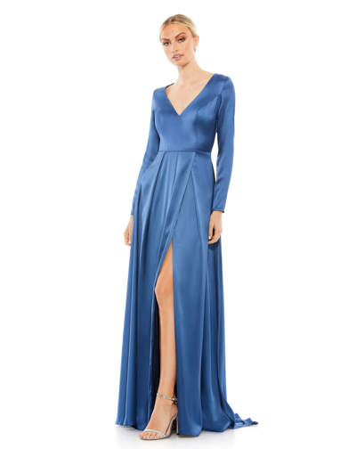 Ieena For Mac Duggal Satin V Neck Long Sleeve Pleated Gown In Midnight