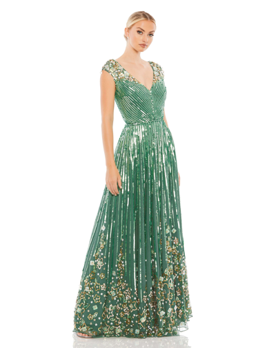 Mac Duggal Sequin Floral Embellished Evening Gown In Sage