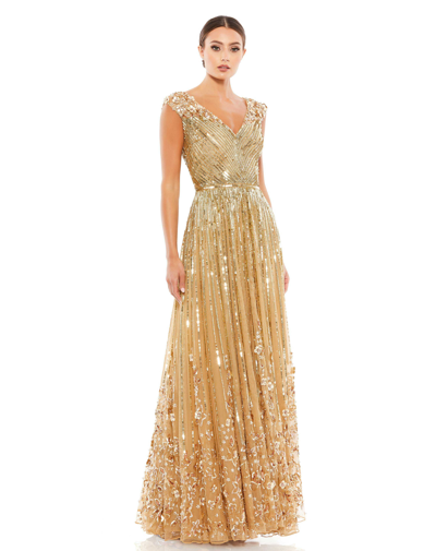 Mac Duggal Sequin Floral Embellished Evening Gown In Champagne