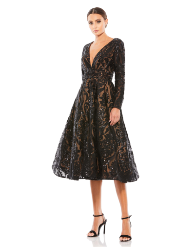 Mac Duggal Sequin Embellished A-line Cocktail Dress In Black Nude