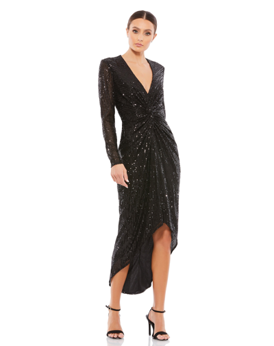 Ieena For Mac Duggal Sequin Knotted Long Sleeve Midi Dress In Black