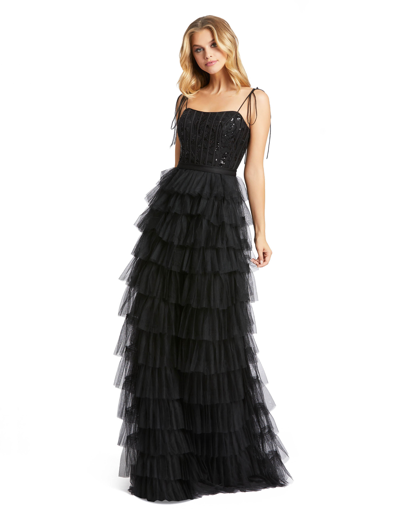 Mac Duggal Sequined Bustier Tiered Ruffle Gown In Black