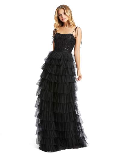 MAC DUGGAL BLACK SEQUINED BUSTIER TIERED RUFFLE GOWN - FINAL SALE