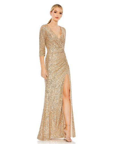 Ieena For Mac Duggal Sequined Draped 3/4 Sleeve Gown In Light Gold