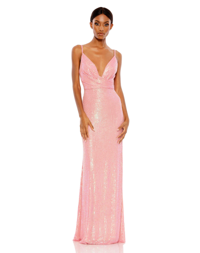 Ieena For Mac Duggal Sequined Draped V Neck Gown In Coral