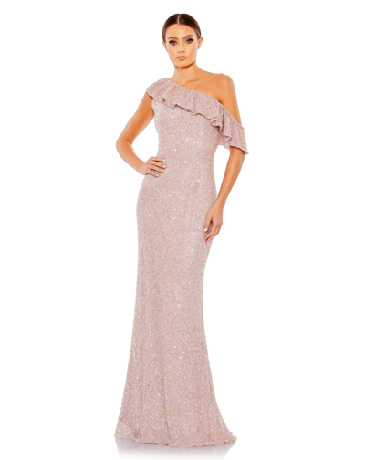 Mac Duggal Sequined Drop Shoulder Trumpet Gown In Beige